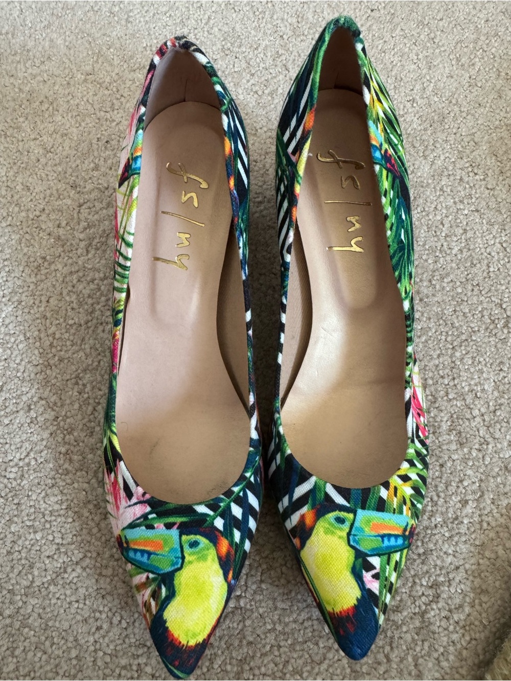 French Sole Multicolor Tropical Toucan Pointed Pumps - Green, Yellow, Blue